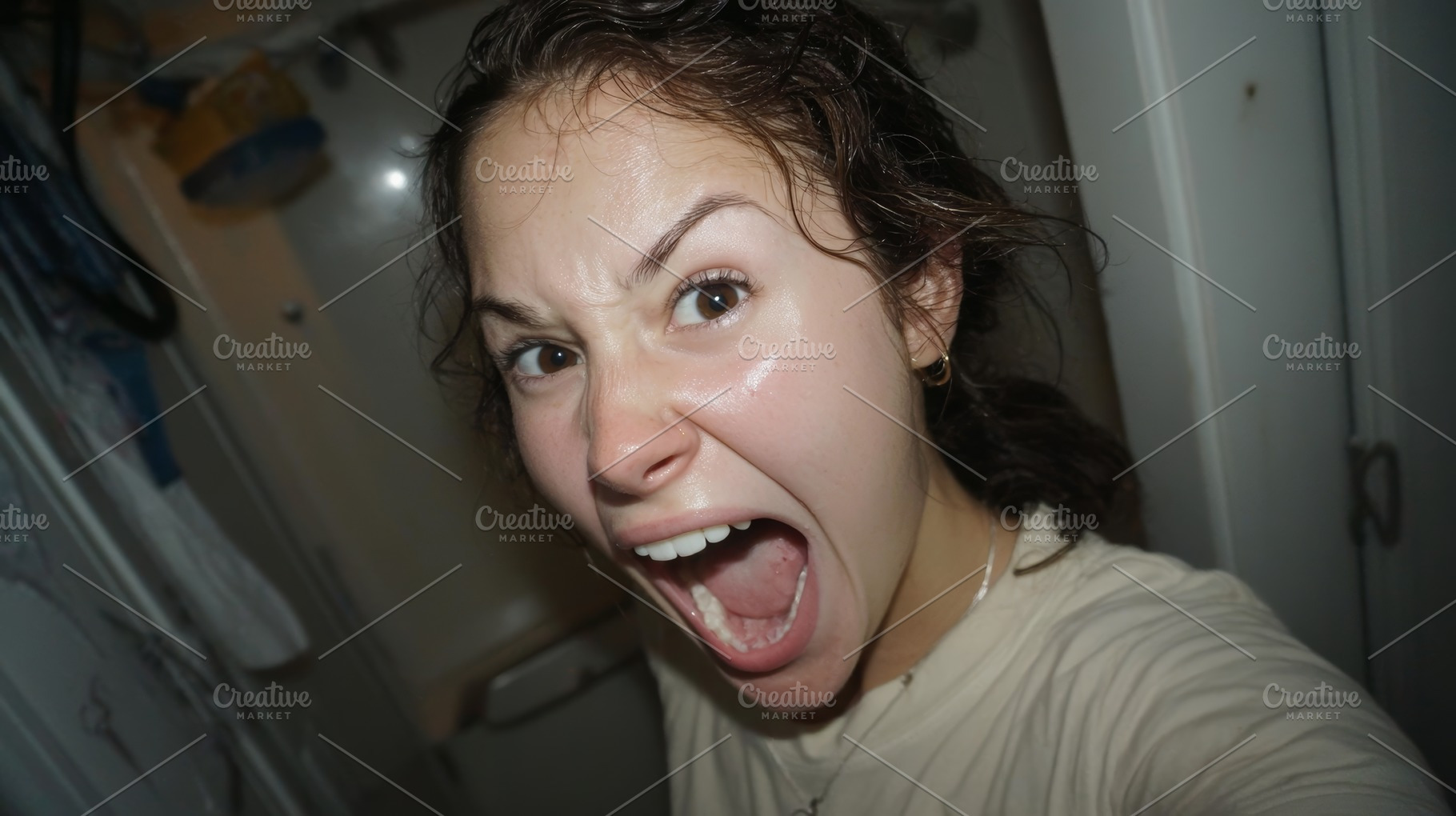 Expressive woman shouting energetically with intense expression in indoor setti, a Photo by AS photostudio
