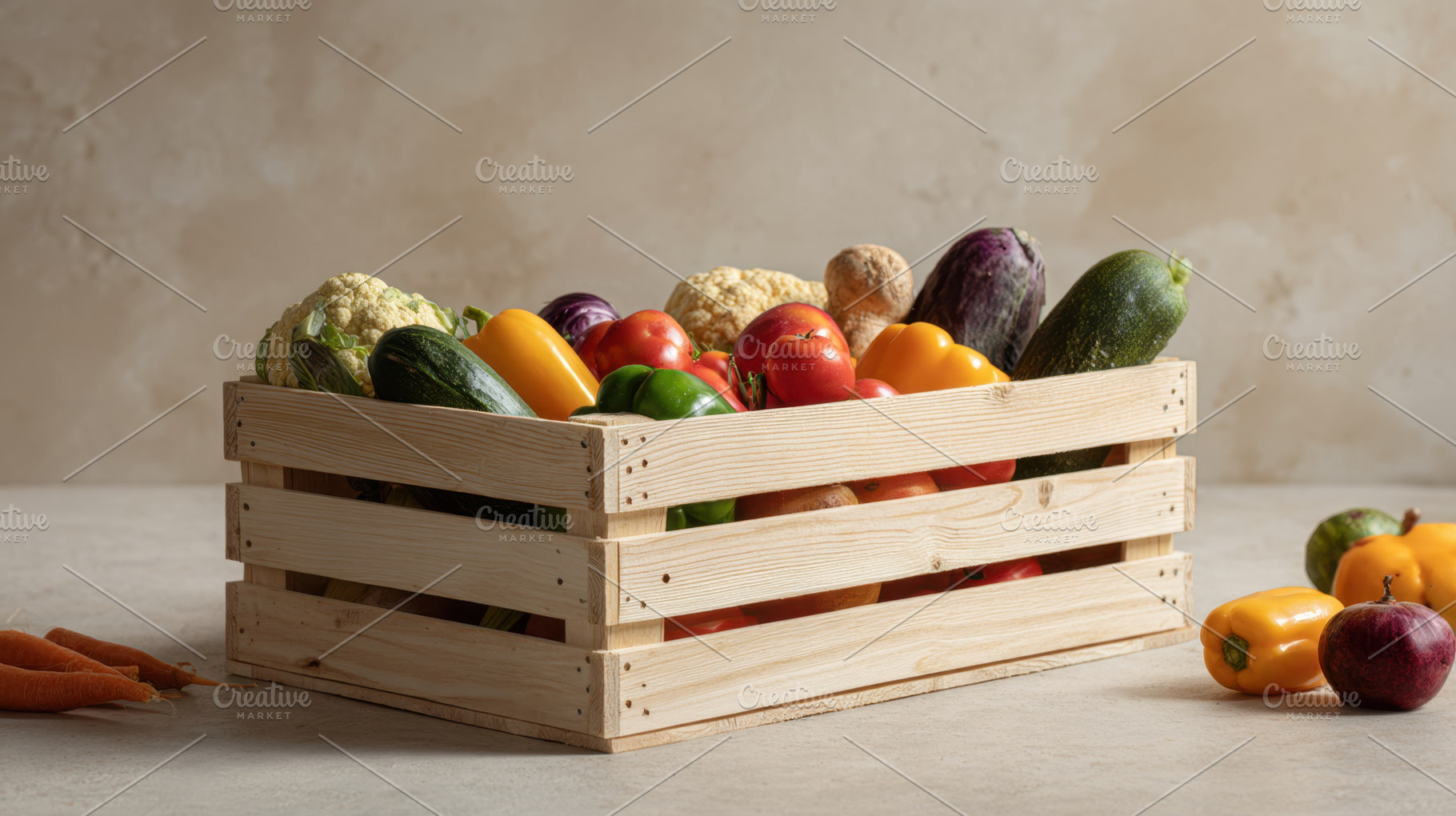 Fresh vegetables in a wooden crate, a Photo by Beautiful things