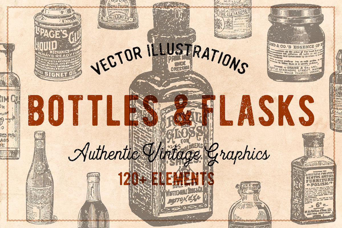 120 Vintage Bottles, Flasks & Vials, an Illustration by Brigantine Designs (Photo 1 of 6)