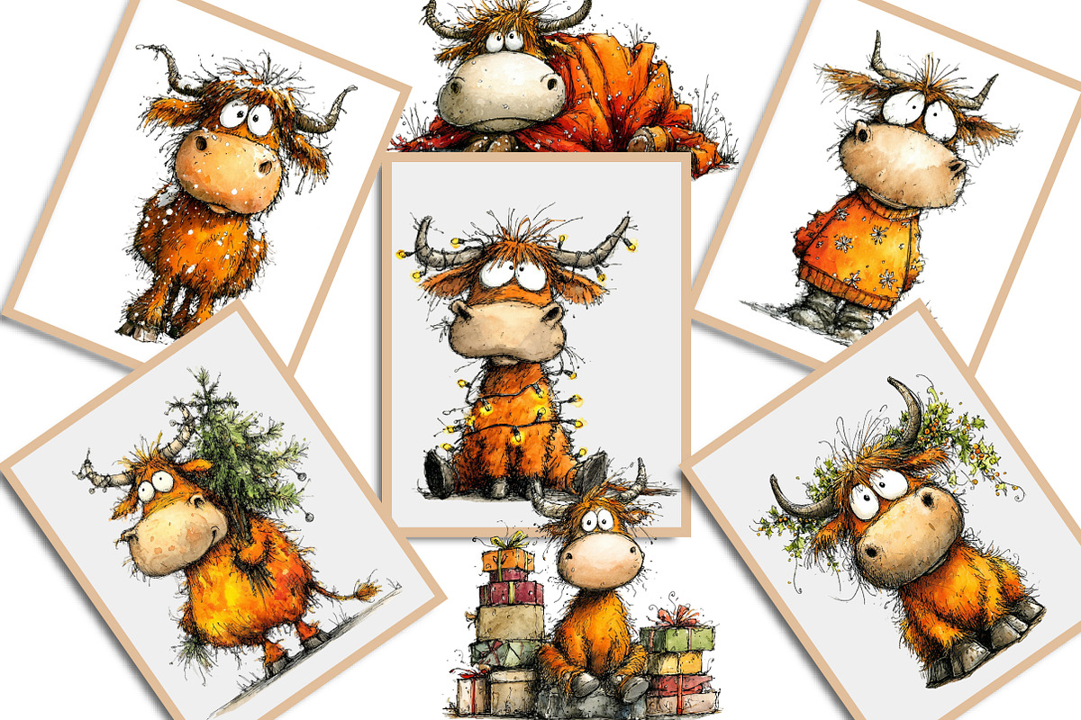 Grumpy Christmas Highland Cow Bundle, an Illustration by Creative Art (Photo 6 of 11)