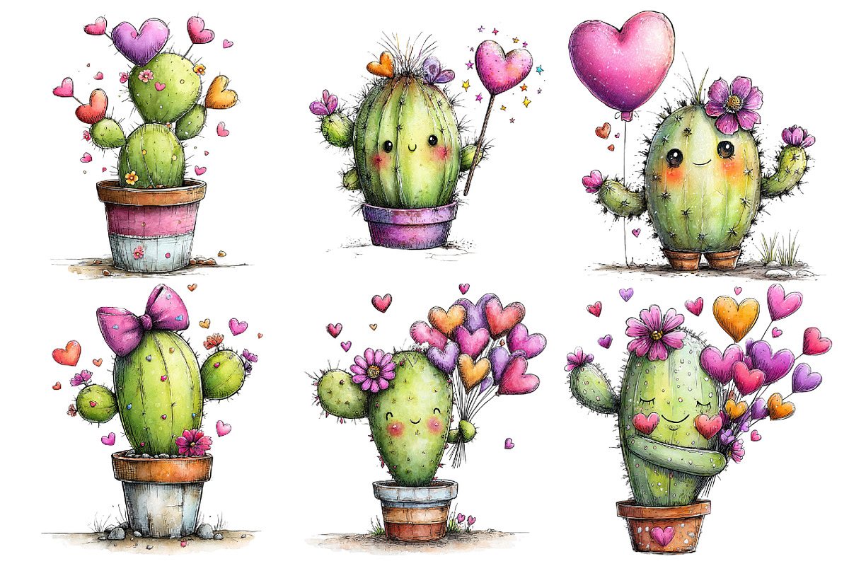 Whimsical Cactus Valentine's Day, an Illustration by Pixels.Craft (Photo 3 of 5)