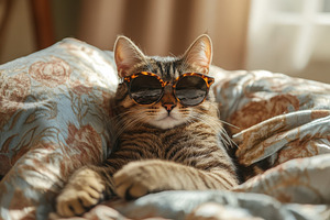 Cool Cat Relaxing in Bed Wearing Sun, an Animal Photo by Pixeness Studio