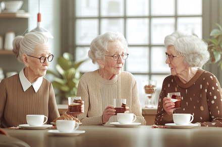 Group of elderly women having breakfast in a cozy cafe, enjoying coffee and con, a Photo by AS photostudio