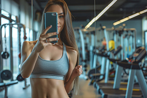 Young woman dressed in sports uniform making selfie near the mirror in the gym, a Person Photo by AlyaAnd