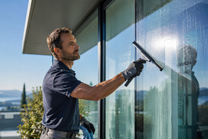 Man cleaning windows with a squeegee, a Photo by Beautiful things