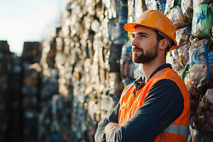 A thoughtful worker recycling technologist in an orange safety vest and hard ha, a Person Photo by Textures & Backgrounds