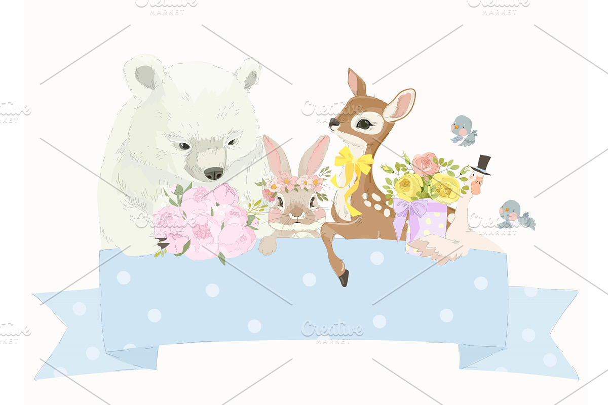 Cute Animals holding Flowers sitting, an Animal Illustration by Maria Starus