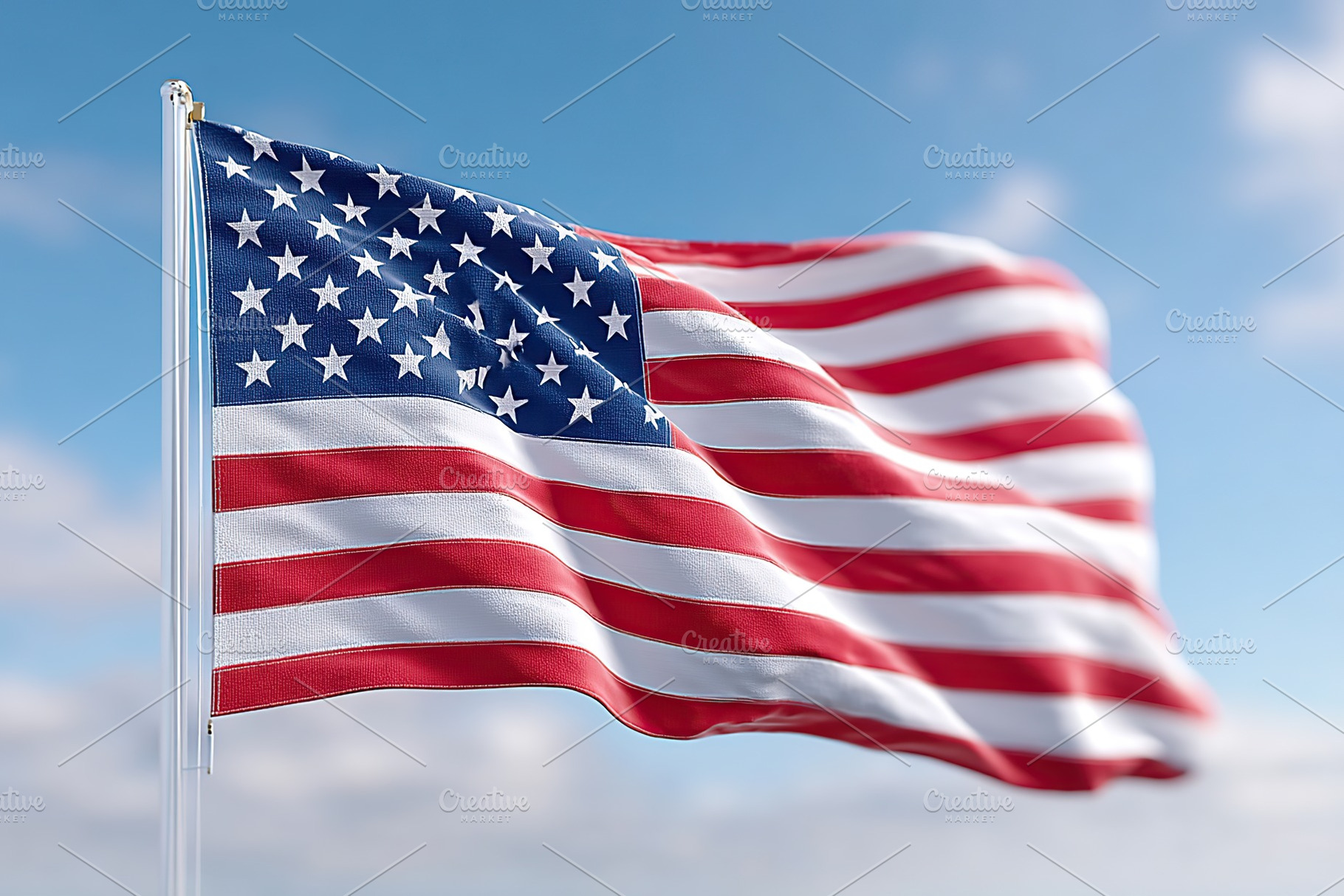 American flag waving gently in the breeze against a clear blue sky, a Holiday Photo by AlyaAnd