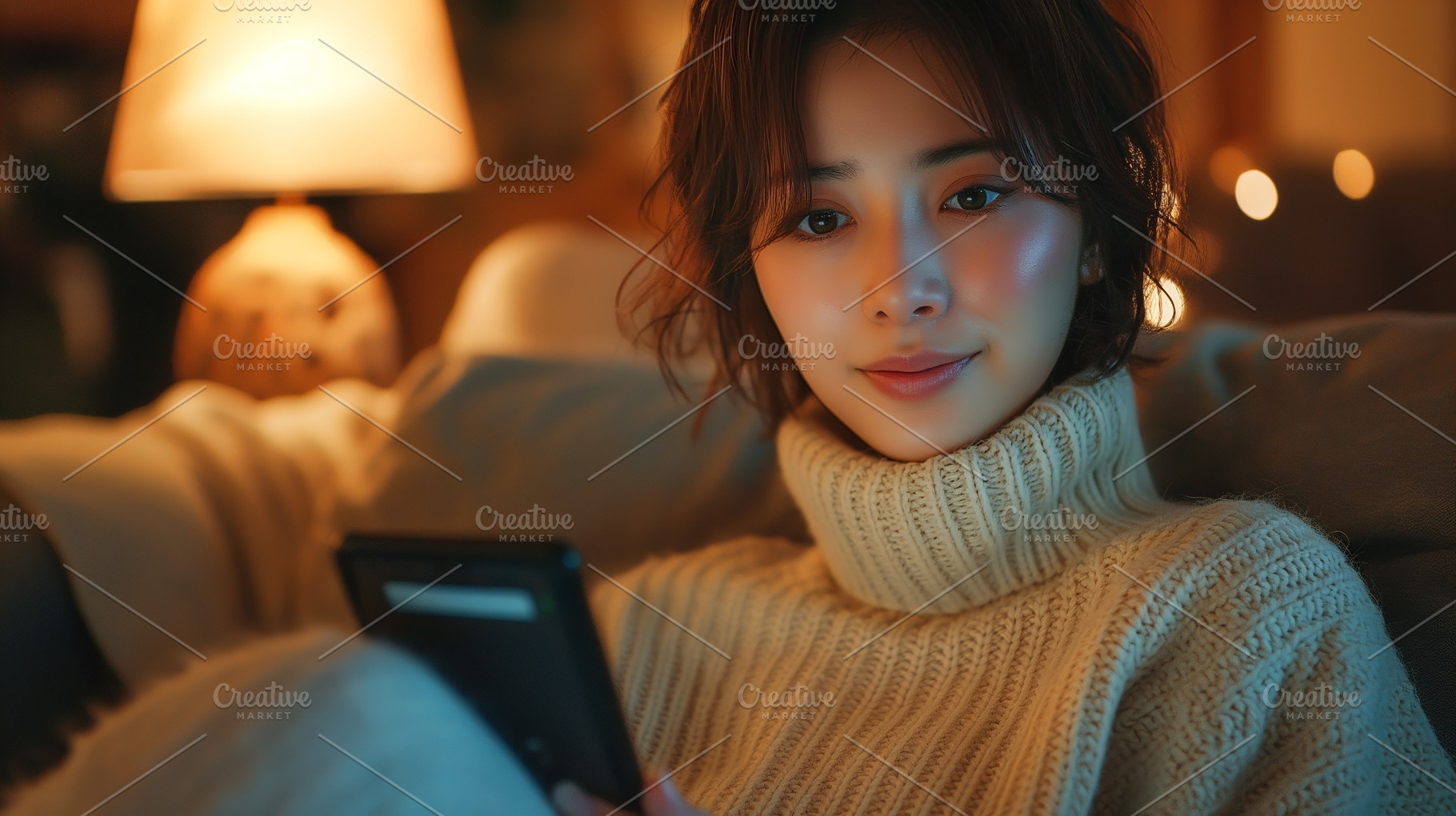 A young Asian woman enjoys a cozy evening at home, reading on her tablet by sof, a Person Photo by ImageMir