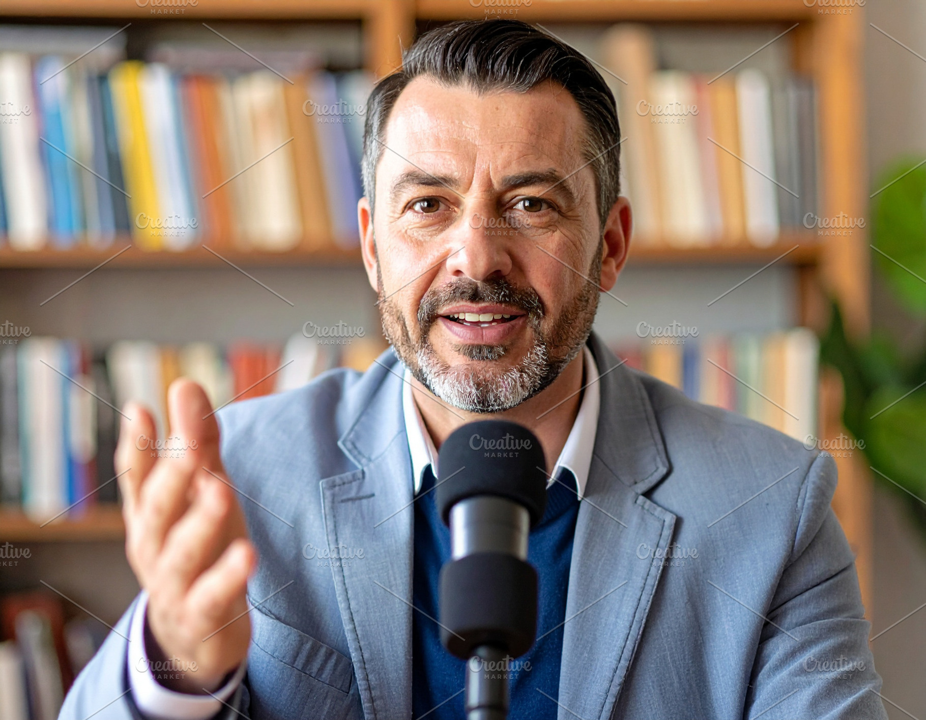 Professional speaker in their 40s seated in front of a microphon, a Person Photo by DanFLCreativo