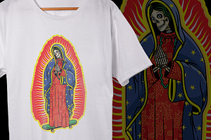 Virgin of Guadalupe on a skateboard.