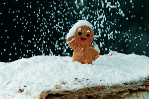 gingerbread man greeting falling snow, banner, a Photo by Nito