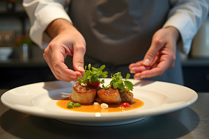 Chef Preparing Gourmet Dish In Resta, a Photo by LOGOCREATIVE