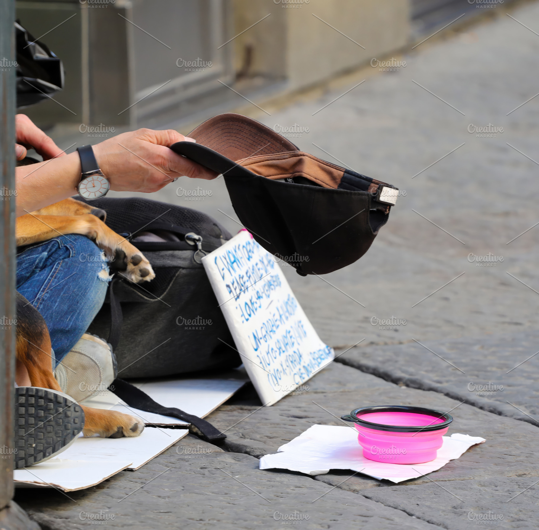 Homeless person asking for alms with dog in Florence, an Architecture Photo by Antonio Gravante Market