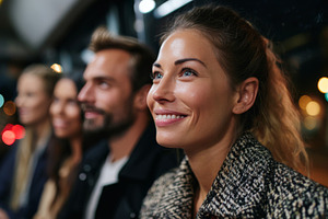 A joyful young woman with light skin smiles while sitting on a bus at night wit, a Business Photo by ImageMir