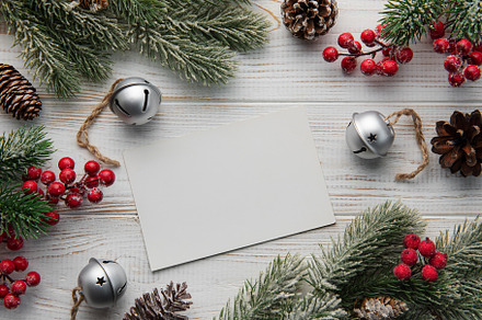 Christmas background with fir tree and decor. Top view with copy, a Holiday Photo by Olena Rudo