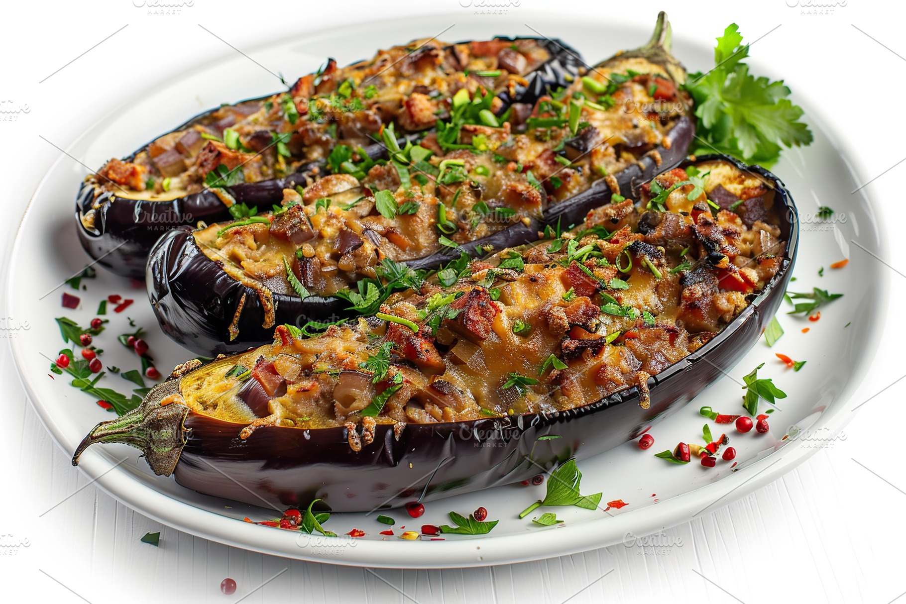 Eggplant stuffed with cheese and meat in plate, a Food & Drink Photo by AlyaAnd