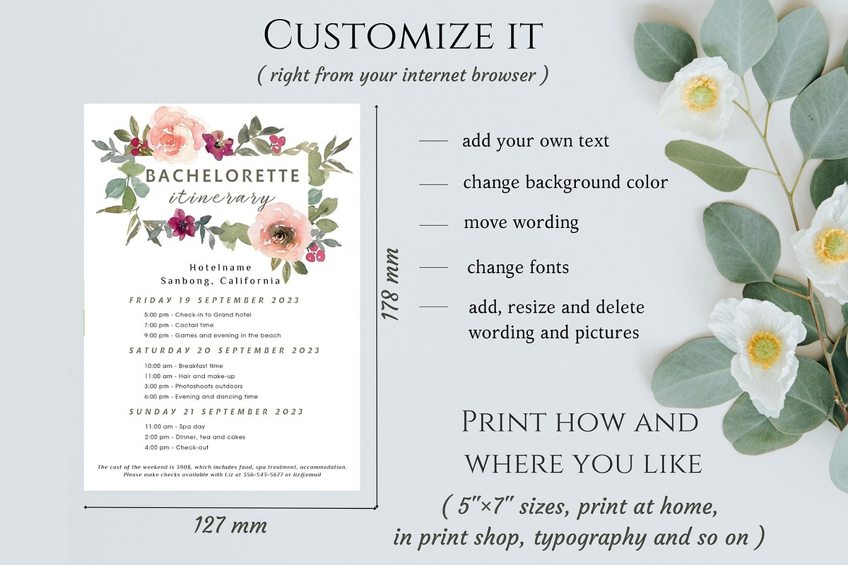 Floral Bachelorette party itinerary, an Invitation Template by EvaTemplates (Photo 3 of 8)