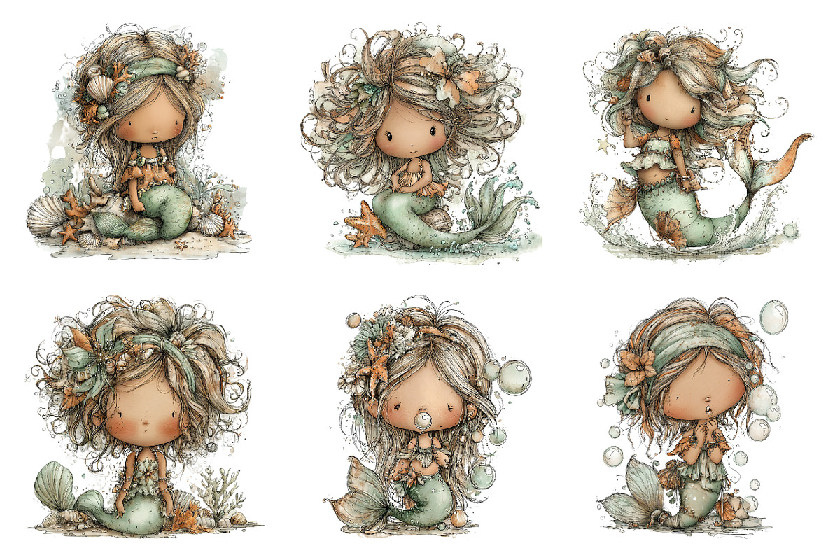 Whimsical summer mermaid clipart, an Illustration by SinaCreation (Photo 3 of 11)