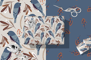 Autumn Birds. Seamless Patterns