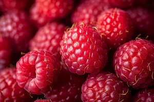 A cluster of fresh, ripe raspberries showcasing their vibrant re, a Food & Drink Photo by ImageMir