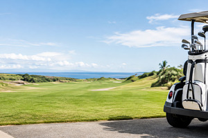 Golf course with golf cart on sunny, a Photo by Dvoevnore photos