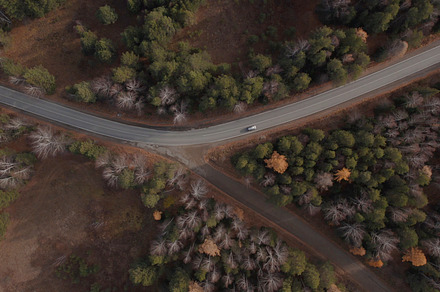 Closeup curve road with cars between deep green forest in Ural