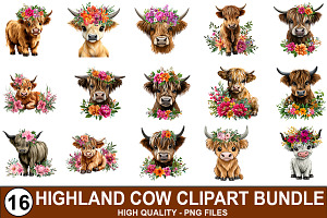 Floral Highland Cow Clipart Bundle, a Graphic by crative8112