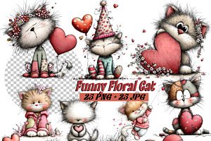 Whimsical Floral Cat Clipart Bundle, an Animal Illustration by one-touch