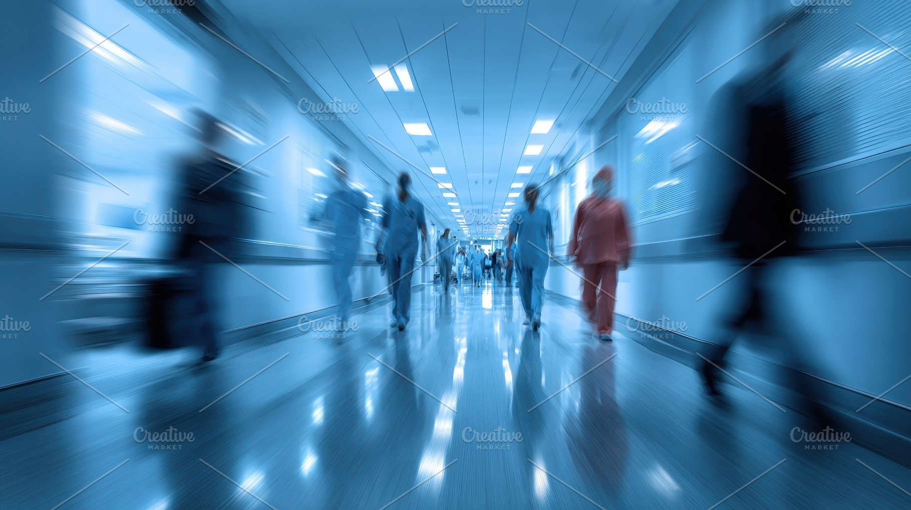 Blurred motion hospital hallway medi, a Photo by Pixeness Studio