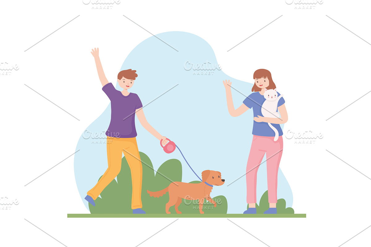 couple walking with pets, a Person Illustration by studiogstock