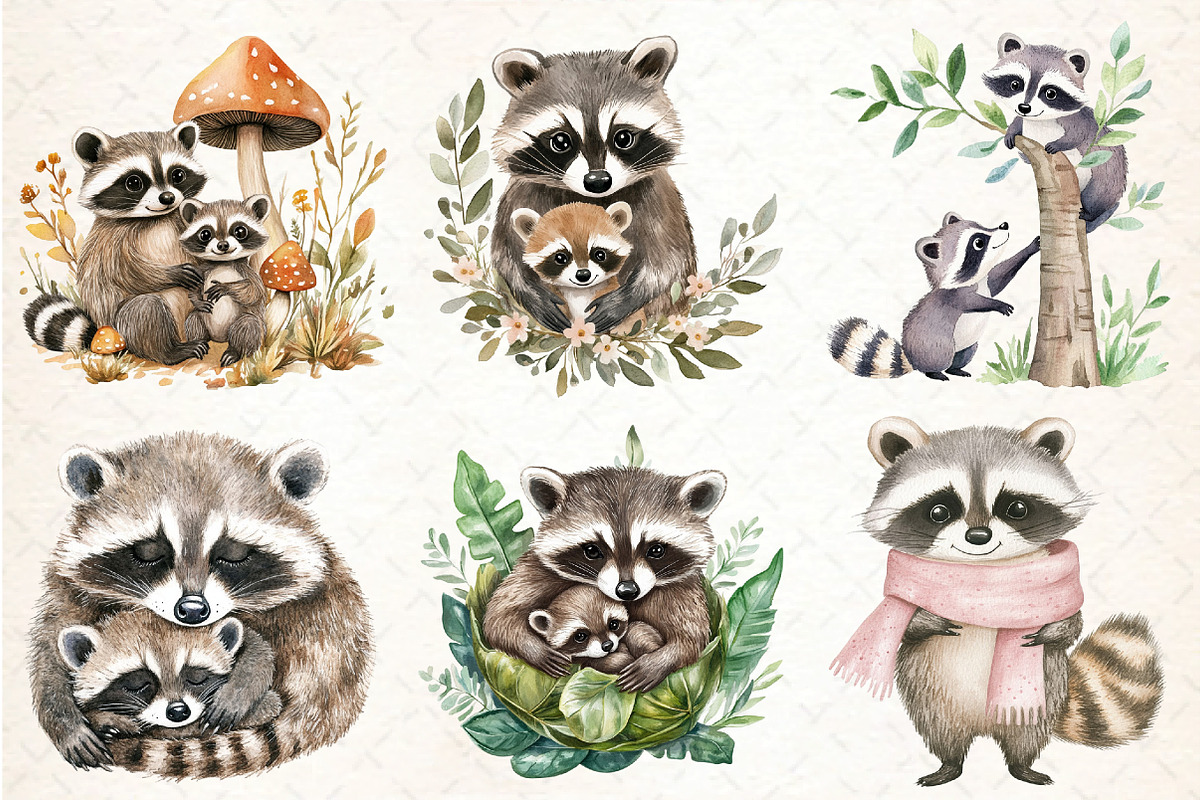 Watercolor Raccoon & Kit Clipart, an Illustration by DreamCafeArt (Photo 4 of 9)