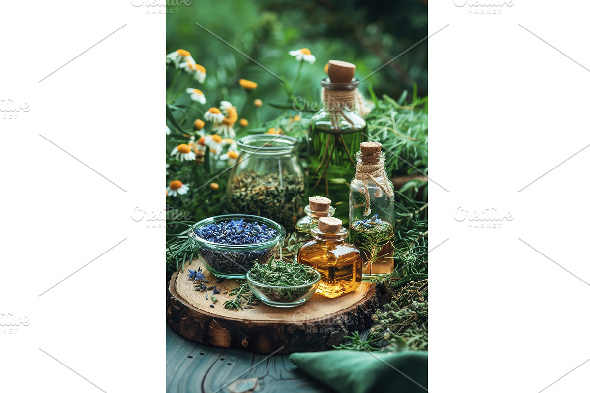 tinctures of flowers and herbs in a, an Object Illustration by yanadjana