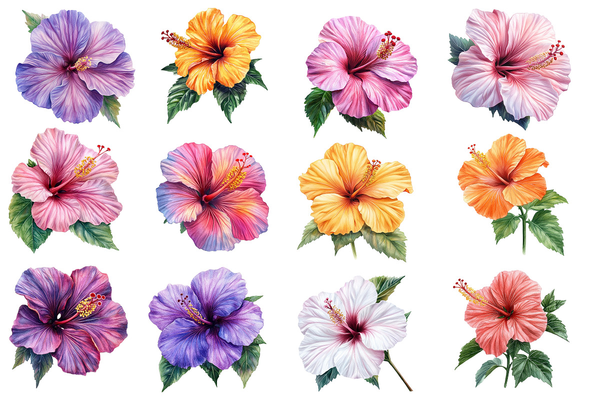 Hibiscus Flower Watercolor Cliparts, an Illustration by Designworld (Photo 3 of 8)