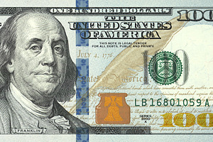 One hundred dollars bill close up