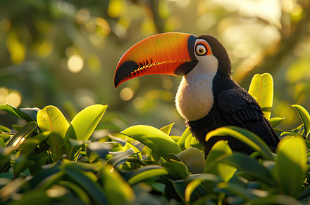 A colorful toucan sits on a branch,, a Photo by LOGOCREATIVE