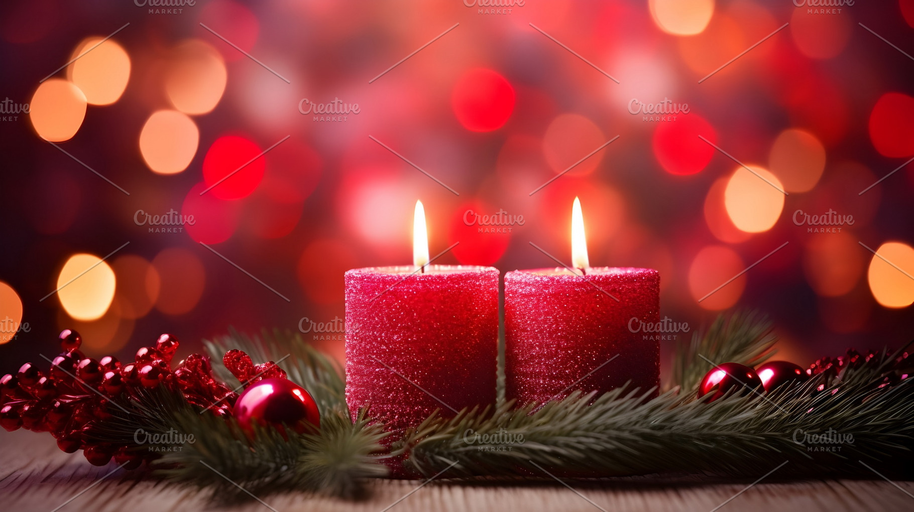 Red Christmas candles burning brightly, adorned with pine branch, a Holiday Photo by Mashimara