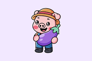 Cute Pig Farmer Holding Eggplant