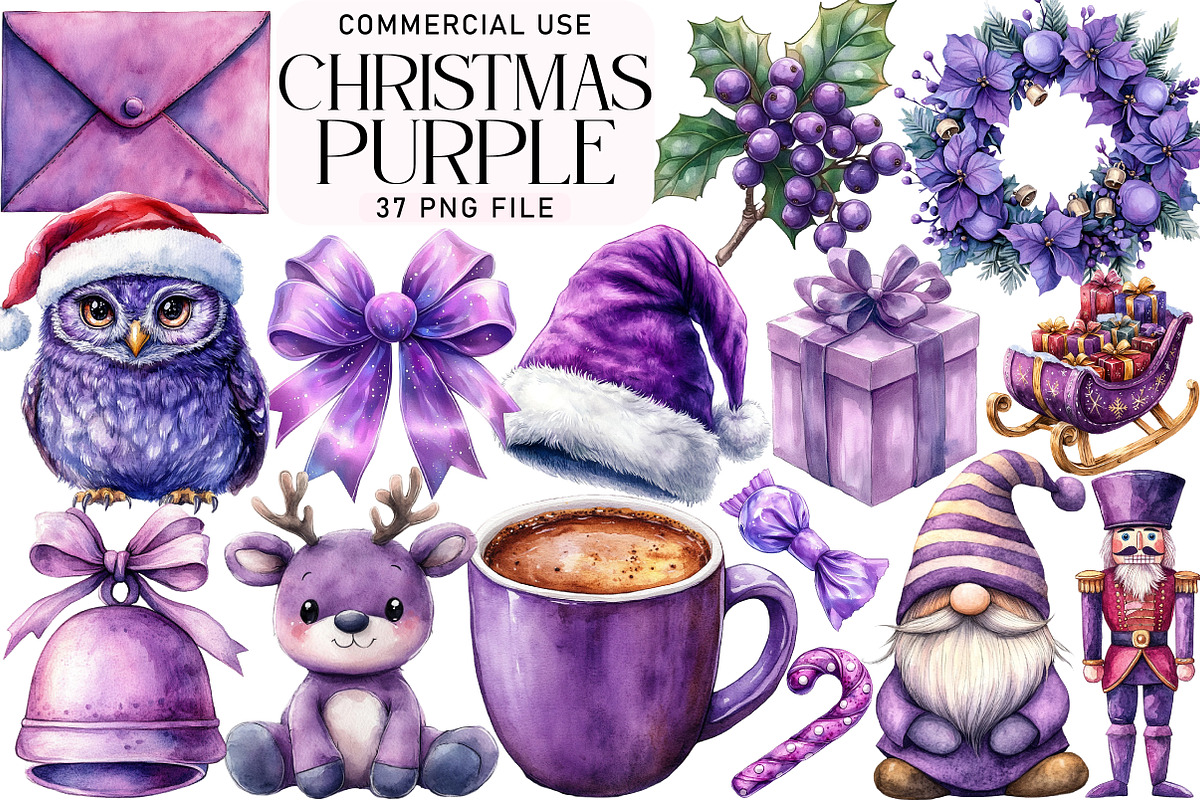 Watercolor Purple Christmas Clipart, an Illustration by Daily.Designs (Photo 1 of 5)