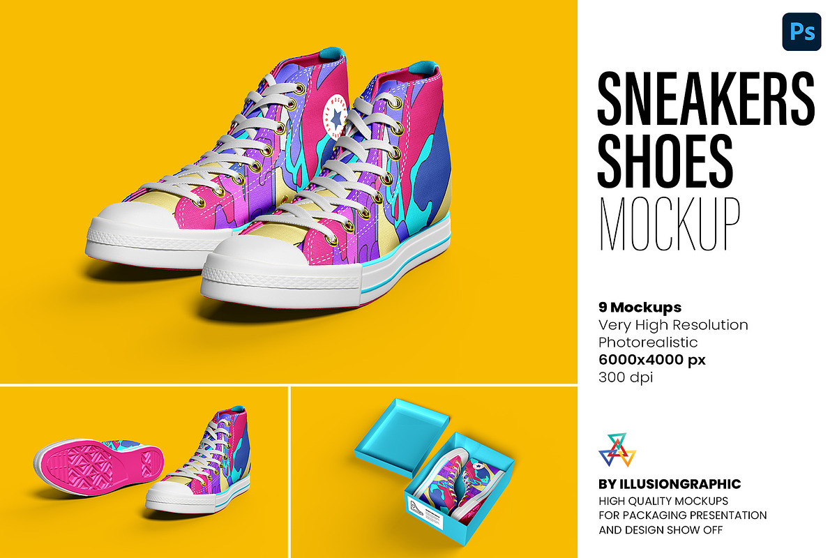 Sneakers Shoes Mockup - 9 views, a Packaging Mockup by Illusiongraphic (Photo 1 of 28)
