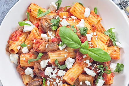 Rigatoni alla Norma pasta with eggplant, tomato, basil and ricotta salata, hori