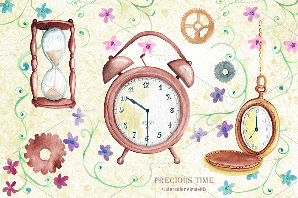 Watercolor time elements. Vintage, an Illustration by WoodLFoxy