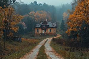 A serene autumn landscape featuring a rustic house surrounded by trees with ora, a Person Photo by Textures & Backgrounds