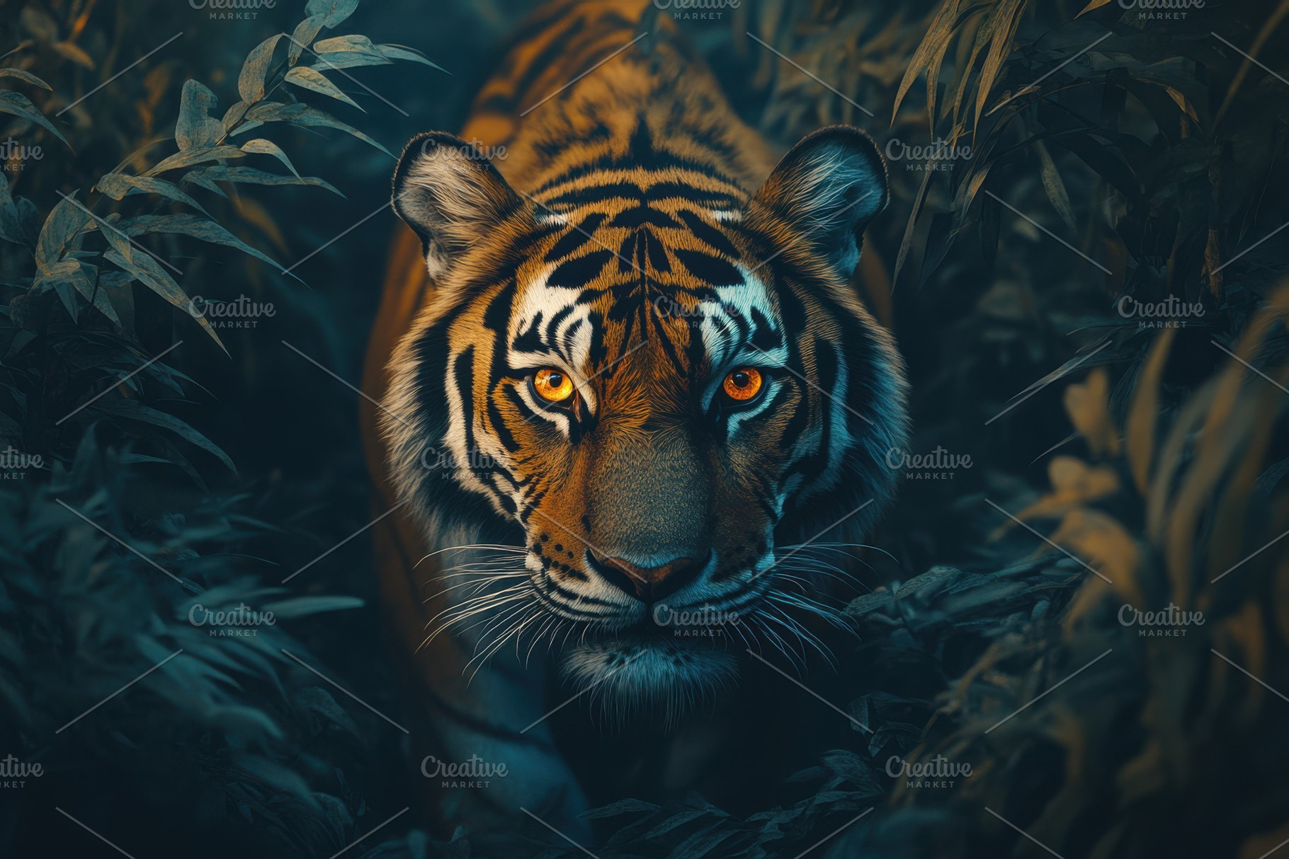 Majestic Tiger Stalking in Lush Jung, an Animal Photo by Pixeness Studio