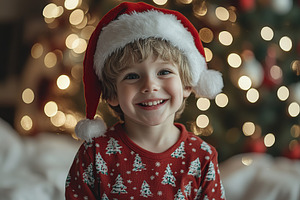 Smiling child boy in checkered pajamas and red santa hat on blurred fir tree li, a Photo by AlyaAnd