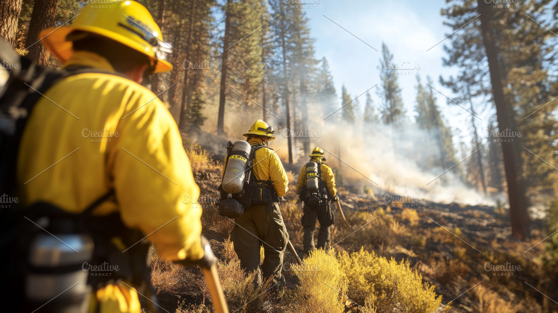 Firefighters in forest battling wildfire under emergency conditi, a Photo by Dvoevnore photos