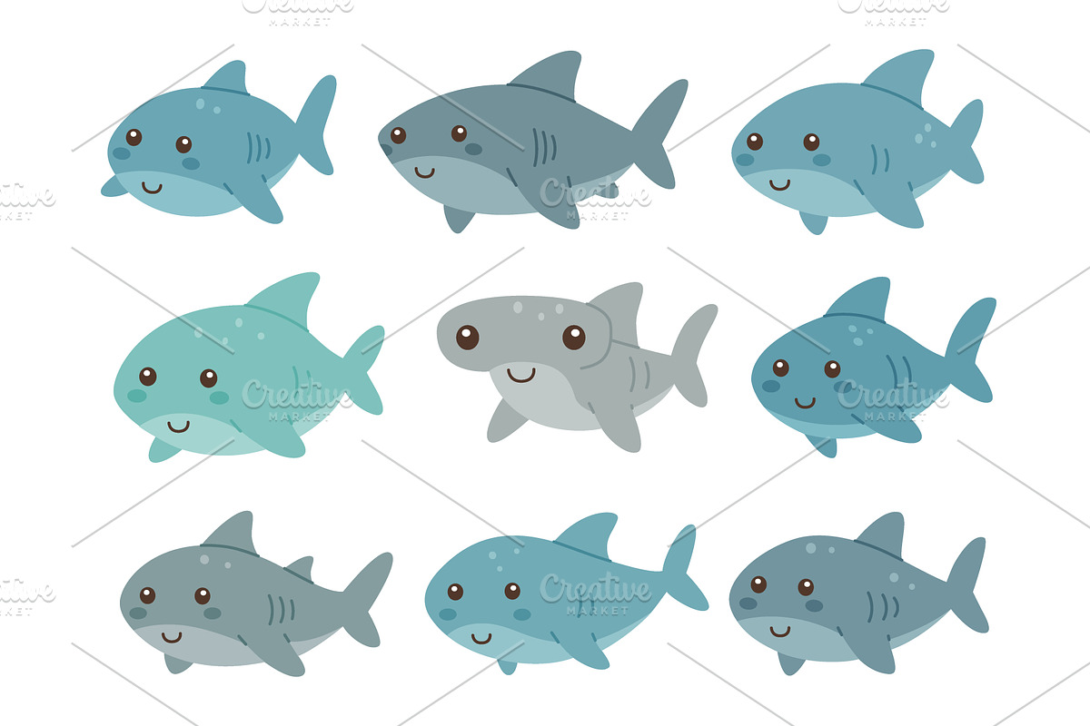 Cartoon shark collection. Adorable, an Animal Illustration by GraphiShop