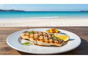 Grilled white fish fillet garnished, a Food & Drink Photo by Igor Tichonow
