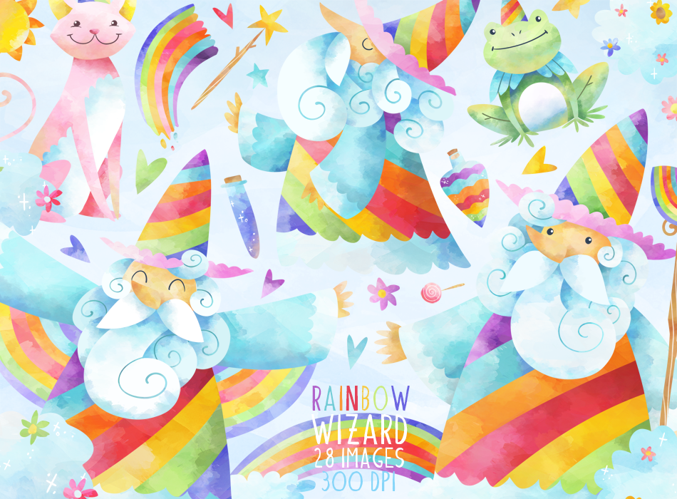 Watercolor Rainbow Wizard Clipart, an Illustration by DigitalArtsi