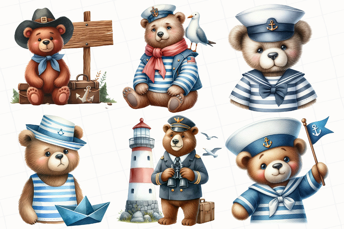 Bear Sailor Clipart, Nautical Clipar, an Illustration by OK Design (Photo 3 of 5)